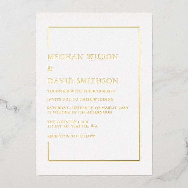 Simple Elegant White Gold Wedding Foil Invitation (Front)