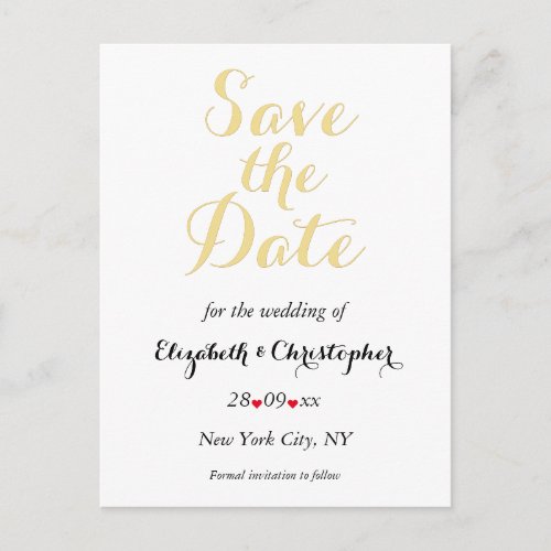 Simple Elegant White Gold Wedding Save the Date Postcard