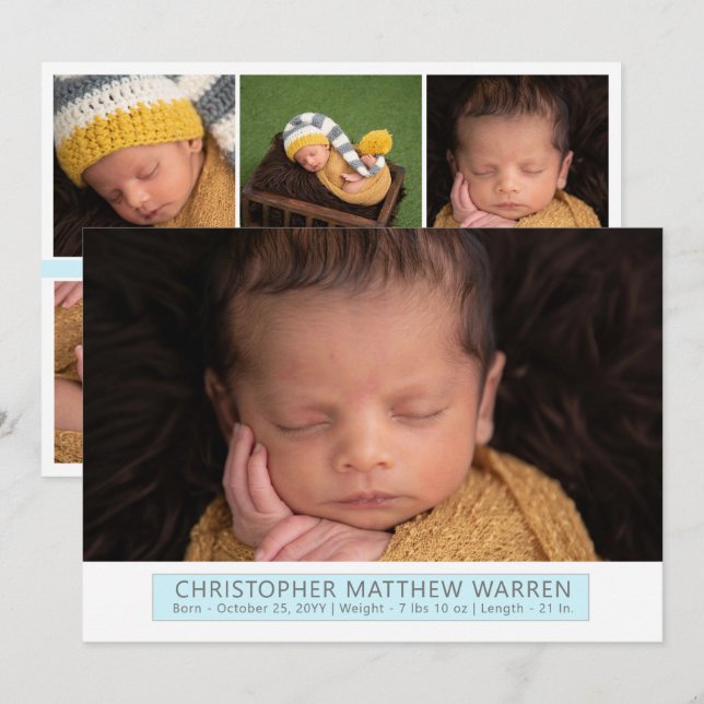 Simple Elegant White | Gray Blue Photo Collage Announcement (Front/Back)