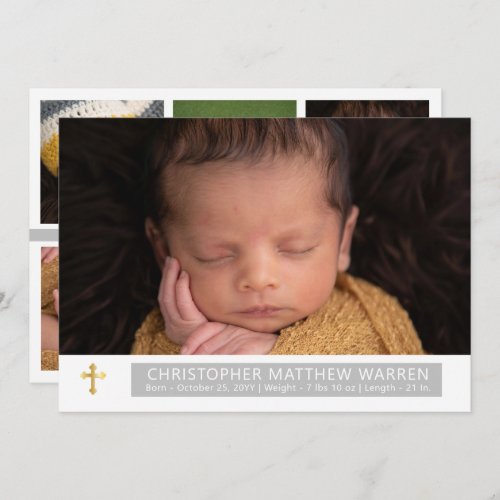 Simple Elegant White Gray Cross Baby Photo Collage Announcement