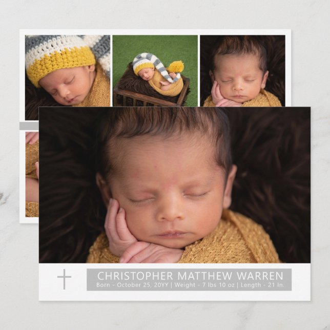 Simple Elegant White Gray Cross Baby Photo Collage Announcement (Front/Back)