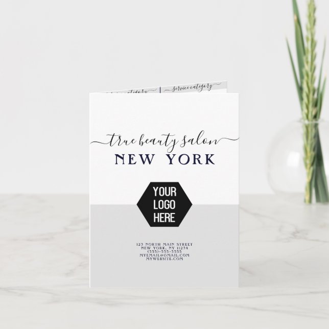 Simple Elegant White Gray Logo Salon Price List Note Card (Front)