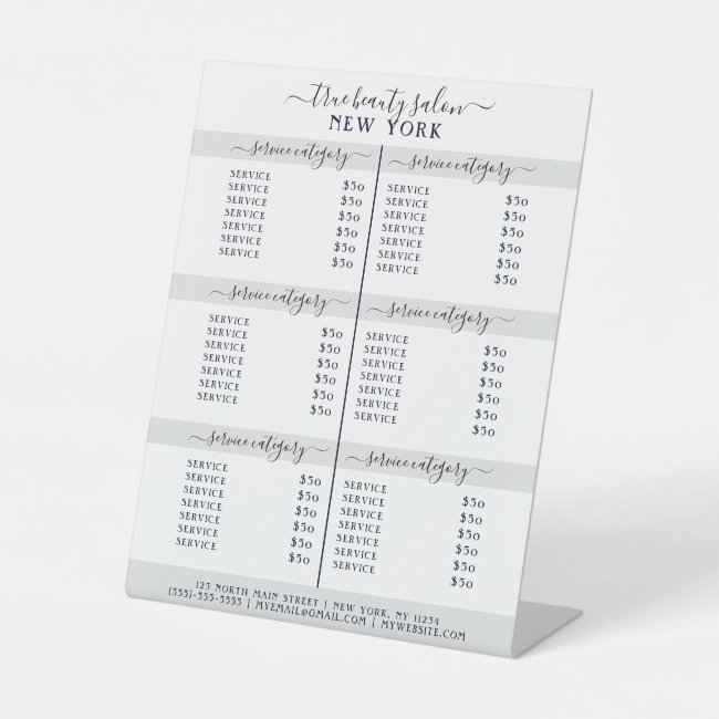 Simple Elegant White Gray Salon Price List Pedestal Sign