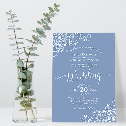 Simple Elegant White Lace on Dusty Blue Wedding Invitation