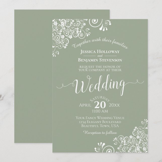 Simple Elegant White Lace on Sage Green Wedding Invitation (Front/Back)