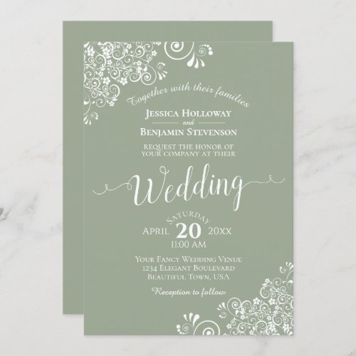 Simple Elegant White Lace on Sage Green Wedding Invitation