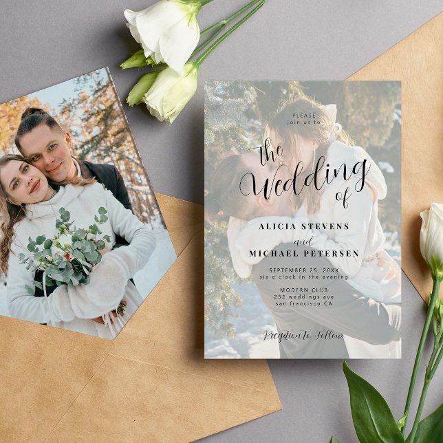 Simple elegant white overlay photo wedding invitation (Creator Uploaded)