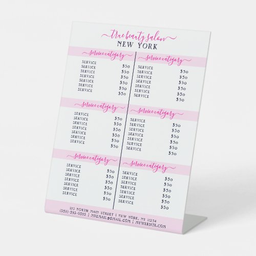 Simple Elegant White Pink Logo Salon Price List Pedestal Sign