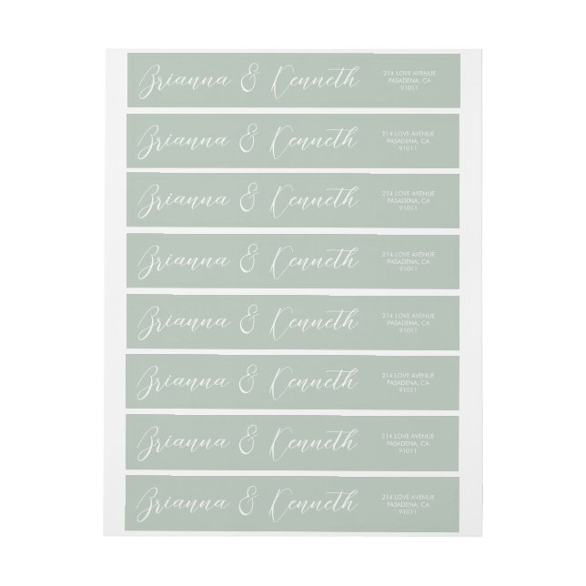 Simple Elegant White Script on Sage Wedding Wrap Around Label (Sheet)