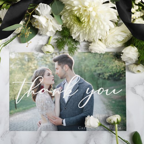 Simple Elegant White Script Overlay Wedding Photo Thank You Card