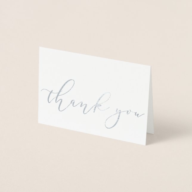 Simple Elegant White Silver Foil Script Thank You Card (Front)