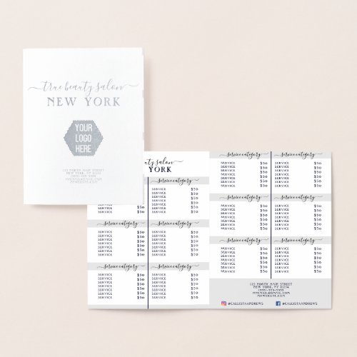 Simple Elegant White Silver Logo Salon Price List Foil Card