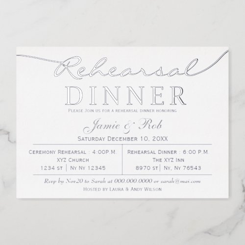 Simple Elegant White Silver Rehearsal Dinner   Foil Invitation