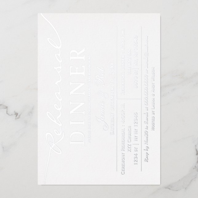 Simple Elegant White Silver Rehearsal Dinner   Foil Invitation (Front)