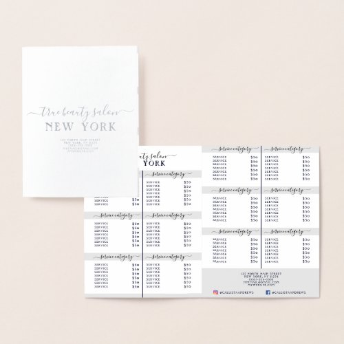 Simple Elegant White Silver Salon Price List Foil Card