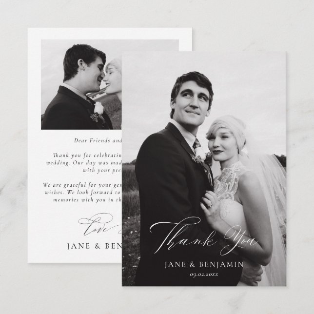 Simple Elegant White Wedding 2 Photo Thank You Card (Front/Back)