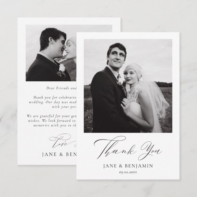 Simple Elegant White Wedding 2 Photo Thank You Card (Front/Back)