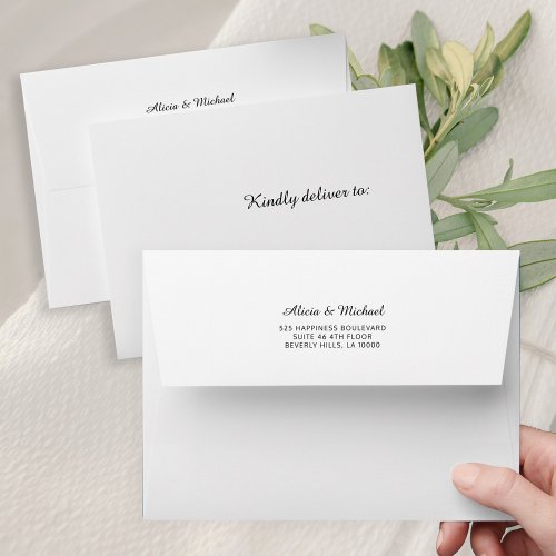 Simple elegant white wedding invite return address envelope