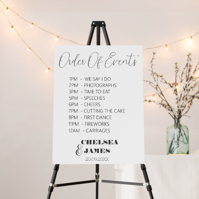 Simple Elegant White Wedding Order Of Events Sign  (In Situ (Stand))