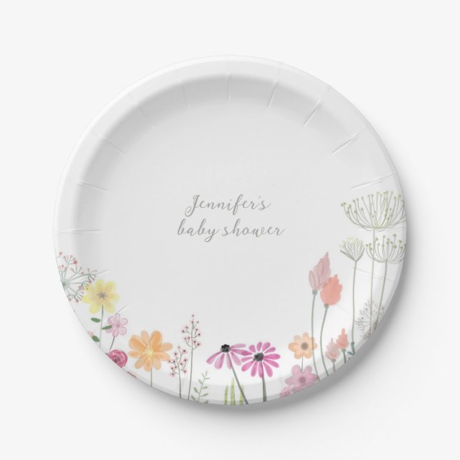 Simple Elegant Wildflower Baby Shower  Paper Plates (Front)