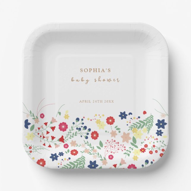 Simple Elegant Wildflower Baby Shower  Paper Plates (Front)