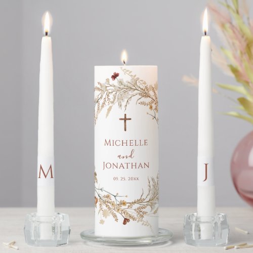 Simple Elegant Wildflower Floral Christian Cross Unity Candle Set