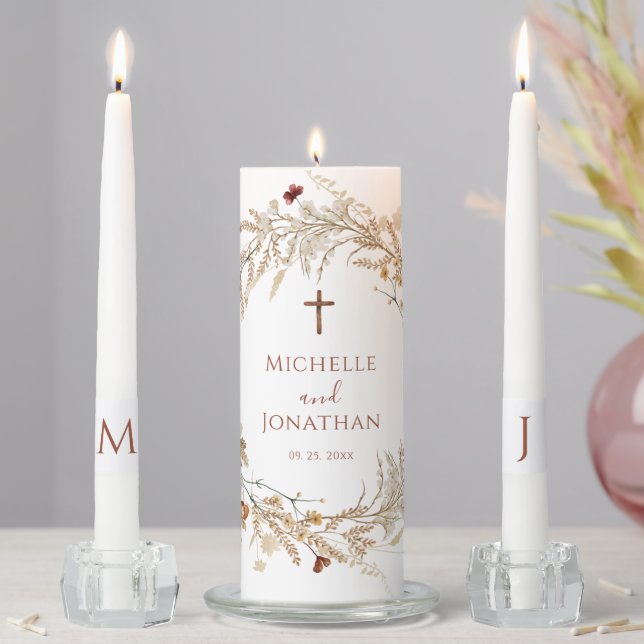 Simple Elegant Wildflower Floral Christian Cross Unity Candle Set (In Situ)