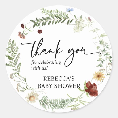 Simple Elegant Wildflowers Baby Shower Thank You Classic Round Sticker