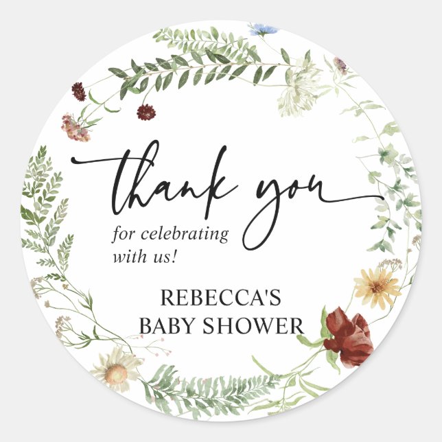 Simple Elegant Wildflowers Baby Shower Thank You Classic Round Sticker (Front)