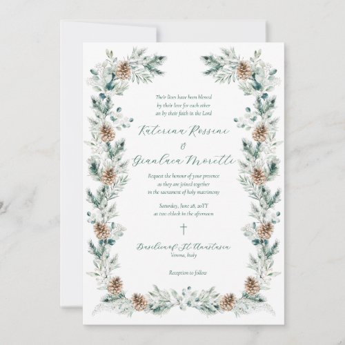 Simple Elegant Winter Greenery Catholic Wedding Invitation