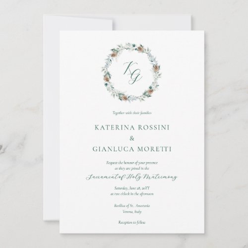 Simple Elegant Winter Greenery Catholic Wedding Invitation