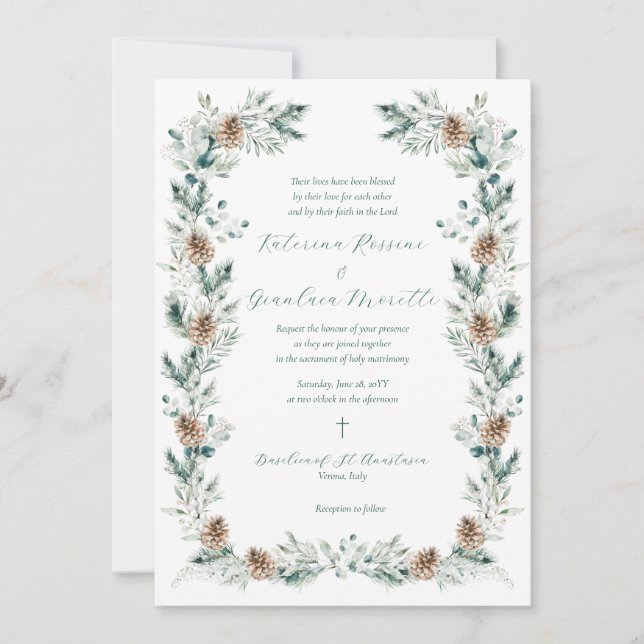 Simple Elegant Winter Greenery Catholic Wedding Invitation (Front)