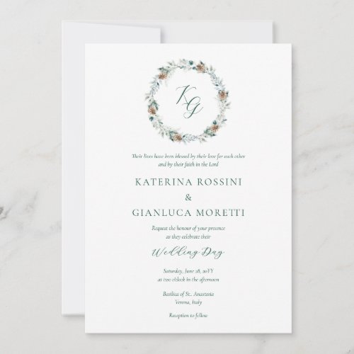 Simple Elegant Winter Greenery Christian Wedding Invitation