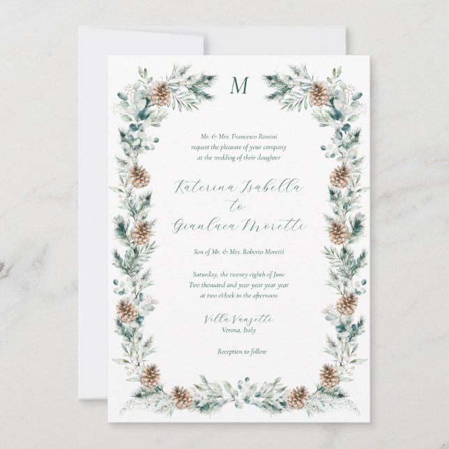 Simple Elegant Winter Greenery Christmas Wedding Invitation (Front)