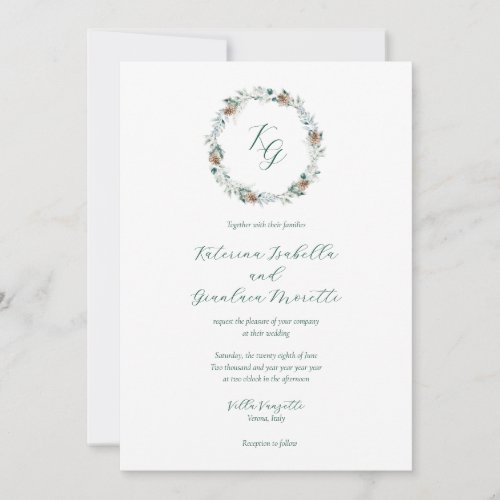 Simple Elegant Winter Greenery Monogram Wedding Invitation