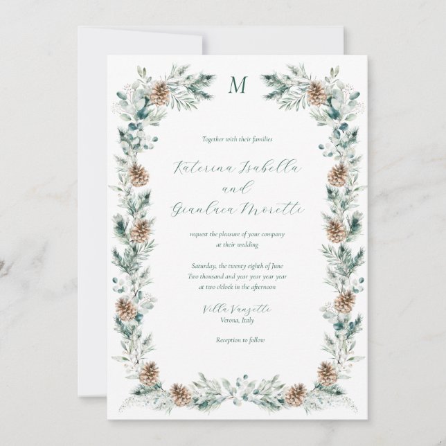 Simple Elegant Winter Greenery White Wedding Invitation (Front)