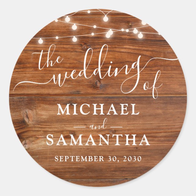 Simple Elegant Wood Rustic Wedding Classic Round Sticker (Front)