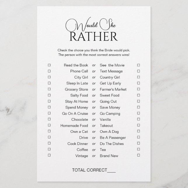 Simple Elegant Would She Rather Bridal Shower Game (Front)