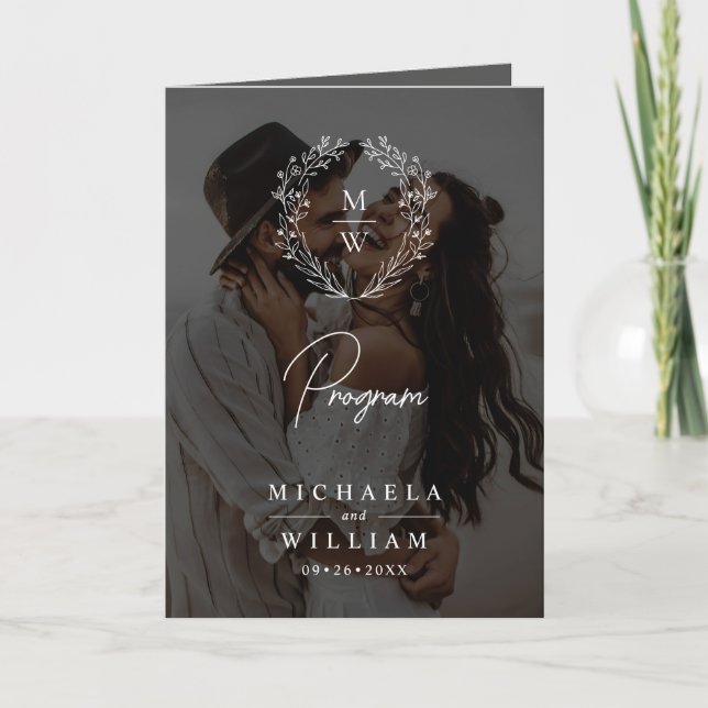 Simple Elegant Wreath 4-Photo Text Overlay Wedding Program (Front)