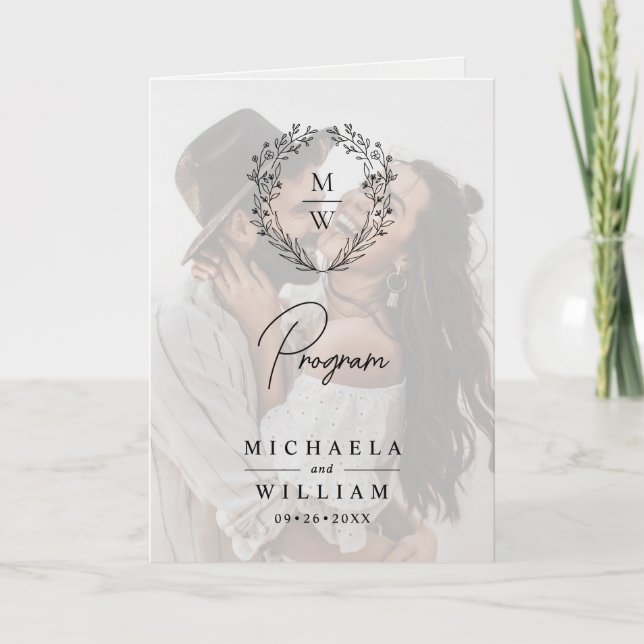 Simple Elegant Wreath 4-Photo Text Overlay Wedding Program (Front)