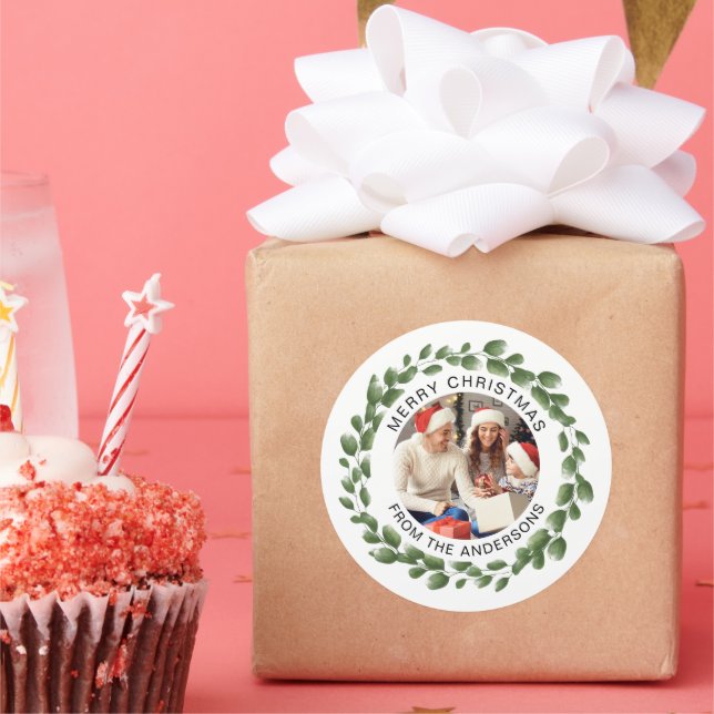 Simple Elegant Wreath Christmas Photo Family Name Classic Round Sticker (Party)