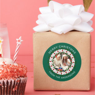 Simple Elegant Wreath Christmas Photo Family Name Classic Round Sticker