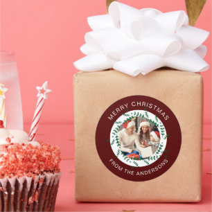 Simple Elegant Wreath Christmas Photo Family Name Classic Round Sticker