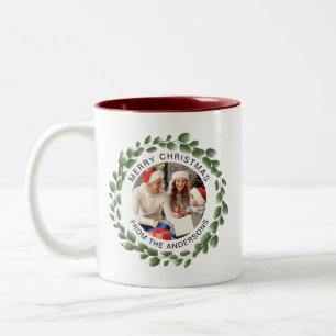 Simple Elegant Wreath Christmas Photo Family Name Two-Tone Coffee Mug