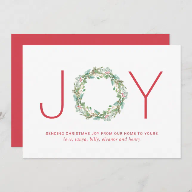 Simple Elegant Wreath Joy Christmas Holiday Card | Zazzle