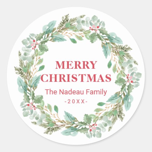 Simple Elegant Wreath Joy Modern Christmas Classic Round Sticker