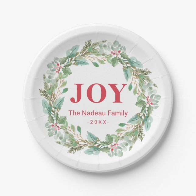Simple Elegant Wreath Joy Modern Christmas Paper Plates (Front)