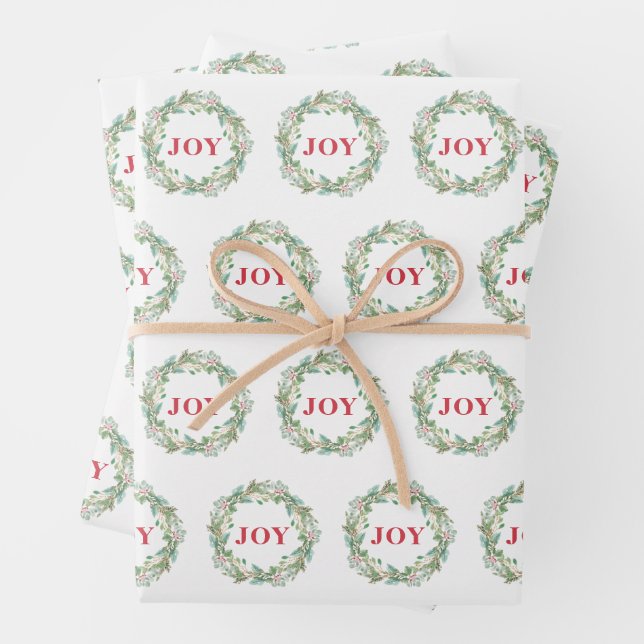 Simple Elegant Wreath Joy Modern Christmas Wrapping Paper Sheets (In situ)