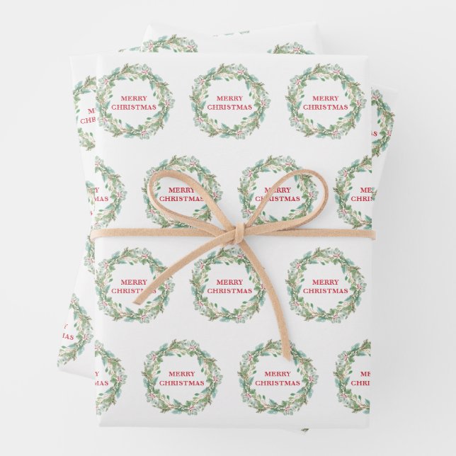 Simple Elegant Wreath Joy Modern Christmas Wrapping Paper Sheets (In situ)