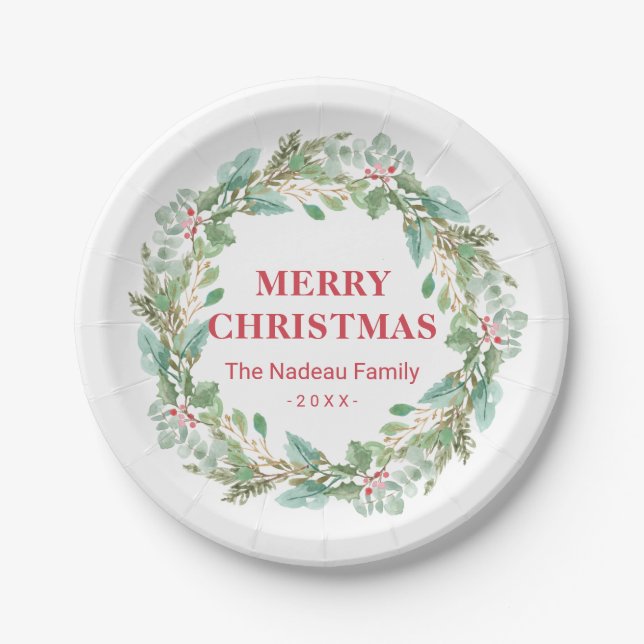 Simple Elegant Wreath Modern Christmas Paper Plates (Front)